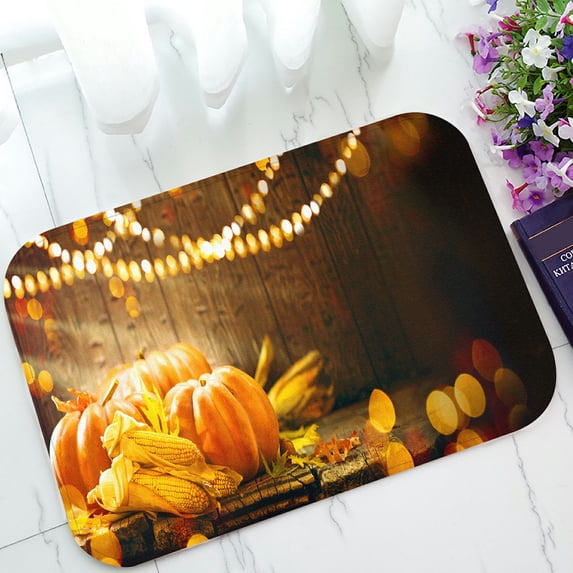 ABPHQTO Happy Thanksgiving Day Pumpkins Corncob Candles Autumn Leaves Garland Doormat Entrance Rug Area Rug Floor Mat Home Decor 23.5x16.7 Inch
