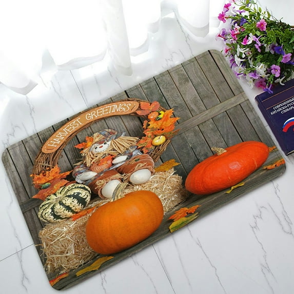ABPHQTO Harvest Wreath Squash And Pumpkins Wooden Fence Doormat Entrance Rug Area Rug Floor Mat Home Decor 30x18 Inch