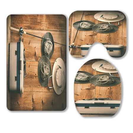 ABPHQTO Hats Hanging On Wooden Wall With Fishing Equipment 3 Piece Bathroom Rugs Set Bath Rug Contour Mat and Toilet Lid Cover