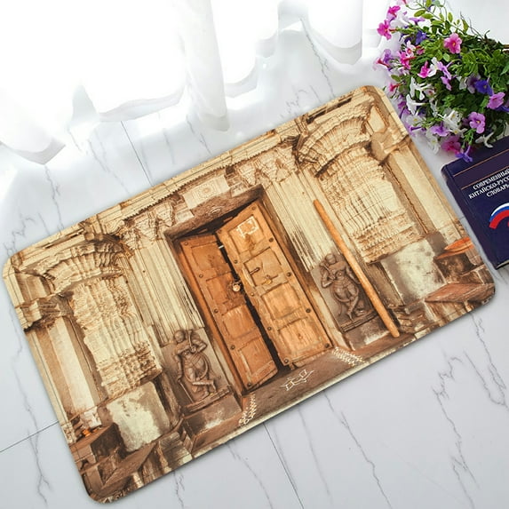 ABPHQTO Hindu Temple With Collumns Wooden Door Sculptures Doormat Entrance Rug Area Rug Floor Mat Home Decor 30x18 Inch