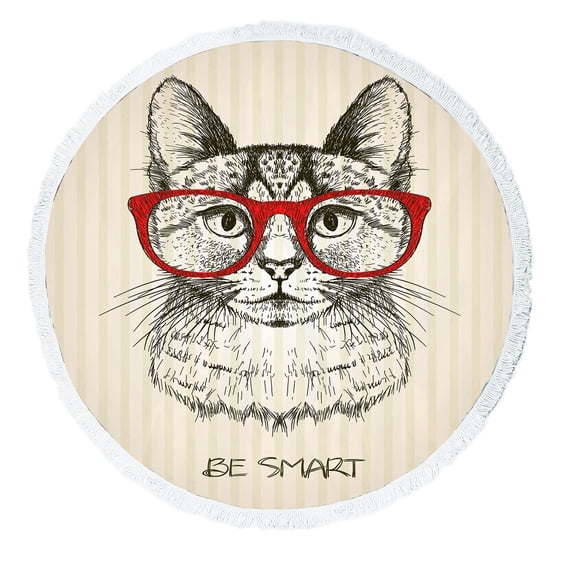 ABPHQTO Hipster Cat With Red Glasses Round Beach Blanket with Tassels Beach Throw Towel Yoga Mat Picnic Blanket
