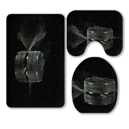 ABPHQTO Hockey Puck 3 Piece Bathroom Rugs Set Bath Rug Contour Mat and Toilet Lid Cover