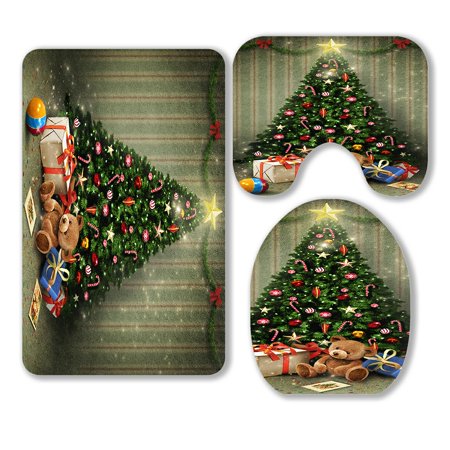 ABPHQTO Holiday Christmas New Year Room Christmas Tree Gifts 3 Piece Bathroom Rugs Set Bath Rug Contour Mat and Toilet Lid Cover