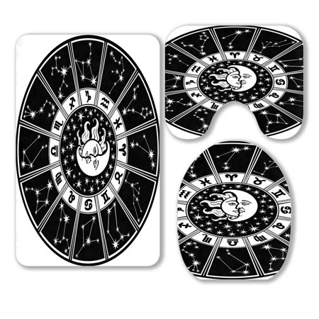 ABPHQTO Horoscope Circle Zodiac Constellations Sun Moon 3 Piece Bathroom Rugs Set Bath Rug Contour Mat and Toilet Lid Cover