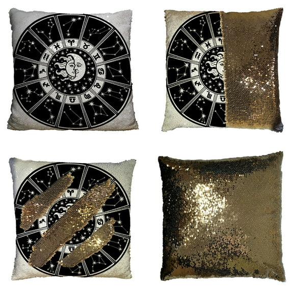 ABPHQTO Horoscope Circle Zodiac Constellations Sun Moon Reversible Mermaid Sequin Pillow Case Home Decor Cushion Cover 18x18 Inch