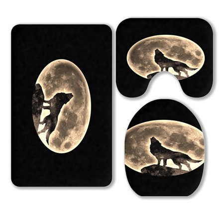ABPHQTO Howling Wolf Full Moon 3 Piece Bathroom Rugs Set Bath Rug Contour Mat and Toilet Lid Cover