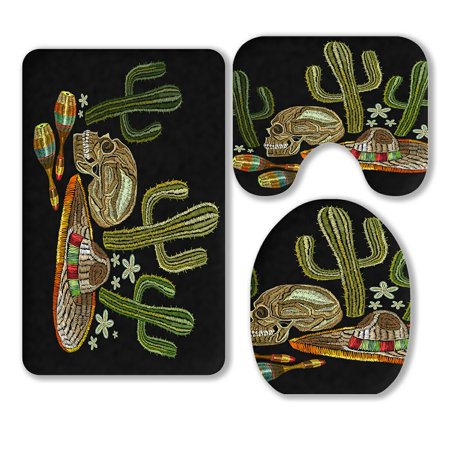 ABPHQTO Human Skull Sombrero Maracas Cactus 3 Piece Bathroom Rugs Set Bath Rug Contour Mat and Toilet Lid Cover