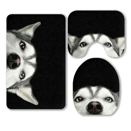 ABPHQTO Husky Dog With Blue Eyes 3 Piece Bathroom Rugs Set Bath Rug Contour Mat and Toilet Lid Cover