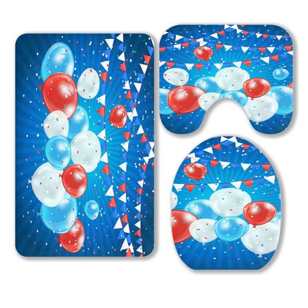 ABPHQTO Independence Day Blue Balloons Pennants Confetti 3 Piece Bathroom Rugs Set Bath Rug Contour Mat and Toilet Lid Cover