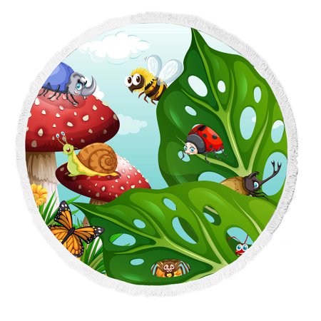 ABPHQTO Insects Flying In The Garden Round Beach Blanket with Tassels Beach Throw Towel Yoga Mat Picnic Blanket
