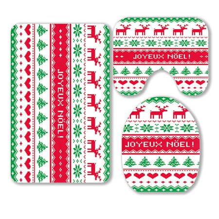 ABPHQTO Joyeux Noel Card Scandynavian Christmas Pattern 3 Piece Bathroom Rugs Set Bath Rug Contour Mat and Toilet Lid Cover