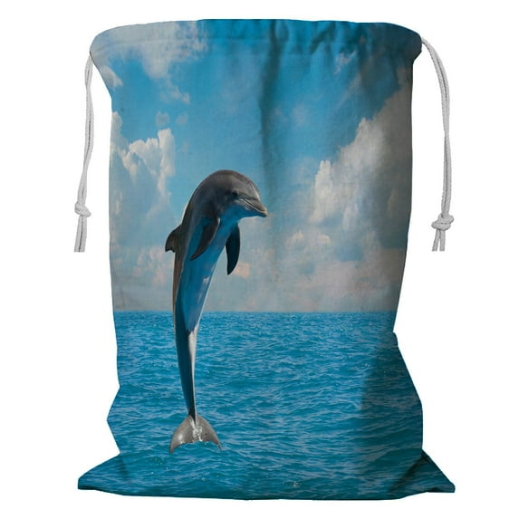 ABPHQTO Jumping Dolphins Beautiful Deep Oceanseascape Storage Basket Laundry Bag with Drawstring 24x32 Inch