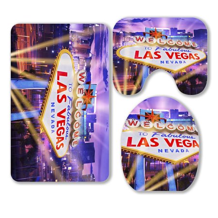 ABPHQTO Las Vegas Showtime Vegas Strip Welcome Sign 3 Piece Bathroom Rugs Set Bath Rug Contour Mat and Toilet Lid Cover