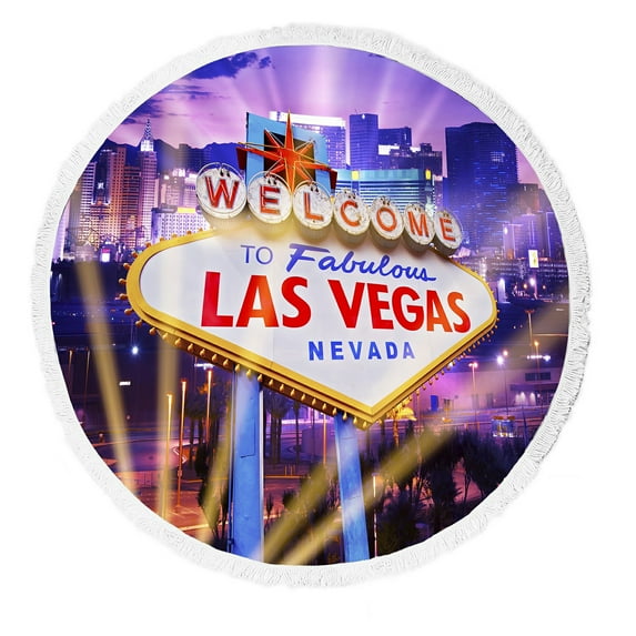 ABPHQTO Las Vegas Showtime Vegas Strip Welcome Sign Round Beach Blanket with Tassels Beach Throw Towel Yoga Mat Picnic Blanket