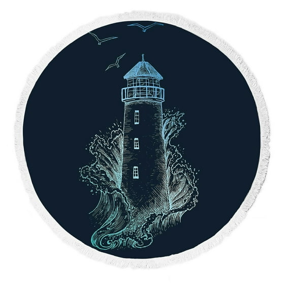 ABPHQTO Lighthouse Storm Ink Engraving Nautical Theme Round Beach Blanket with Tassels Beach Throw Towel Yoga Mat Picnic Blanket