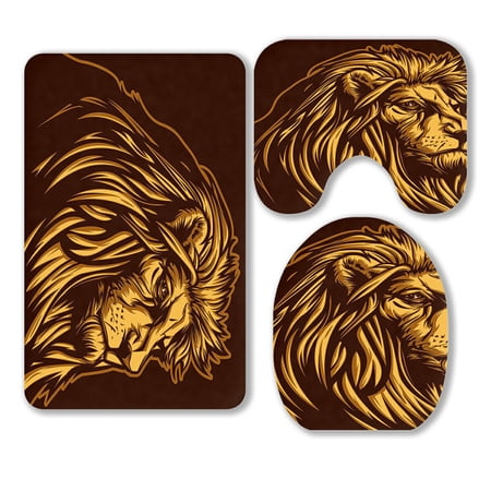 ABPHQTO Lion 3 Piece Bathroom Rugs Set Bath Rug Contour Mat and Toilet Lid Cover