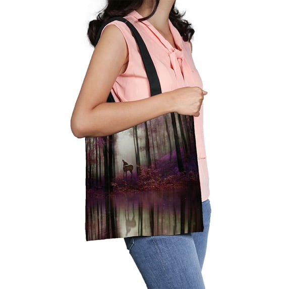 ABPHQTO Little Fawn Middle Forest Water Reflection 3D Rendering Canvas Bag Reusable Tote Grocery Shopping Bags Tote Bag 14x16 inch