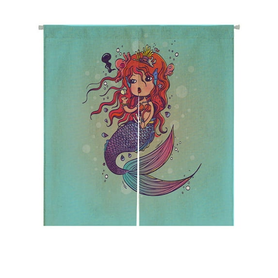 ABPHQTO Little Mermaid Under Sea Doodle Cartoon Character Japanese Noren Curtain Doorway Door Window Treatment Curtains Cotton Linen Curtain 85x150 cm