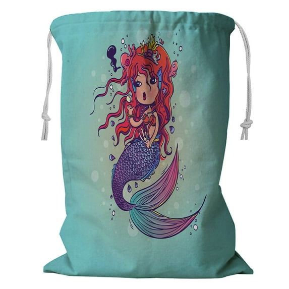 ABPHQTO Little Mermaid Under Sea Doodle Cartoon Character Storage Basket Laundry Bag with Drawstring 18x24 Inch