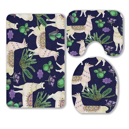 ABPHQTO Llamas And Cacti Flowers 3 Piece Bathroom Rugs Set Bath Rug Contour Mat and Toilet Lid Cover