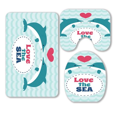 ABPHQTO Love Sea Summer Card Pair Love Dolphins Blue Wave 3 Piece Bathroom Rugs Set Bath Rug Contour Mat and Toilet Lid Cover