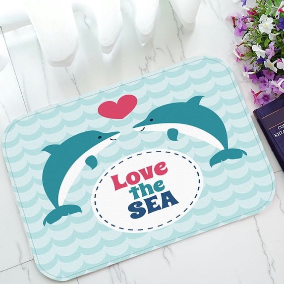 ABPHQTO Love Sea Summer Card Pair Love Dolphins Blue Wave Doormat Entrance Rug Area Rug Floor Mat Home Decor 23.5x16.7 Inch