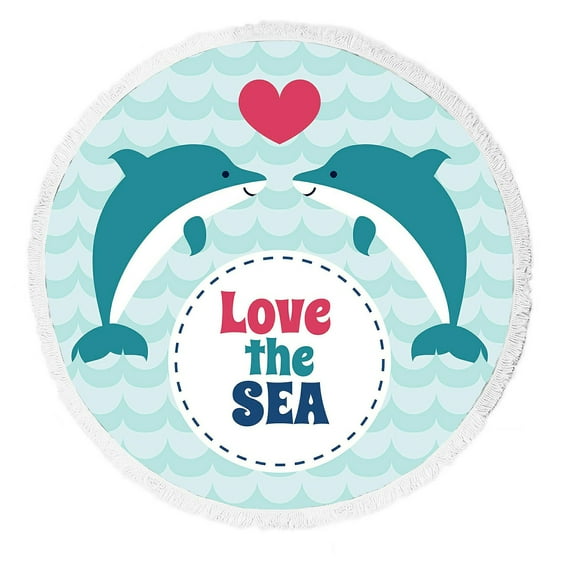ABPHQTO Love Sea Summer Card Pair Love Dolphins Blue Wave Round Beach Blanket with Tassels Beach Throw Towel Yoga Mat Picnic Blanket
