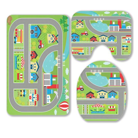 ABPHQTO Lovely City Landscape Car Track 3 Piece Bathroom Rugs Set Bath Rug Contour Mat and Toilet Lid Cover