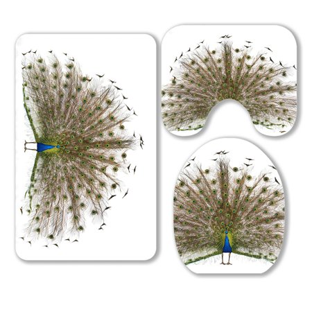 ABPHQTO Male Peafowl Displaying Tail Feathers 3 Piece Bathroom Rugs Set Bath Rug Contour Mat and Toilet Lid Cover