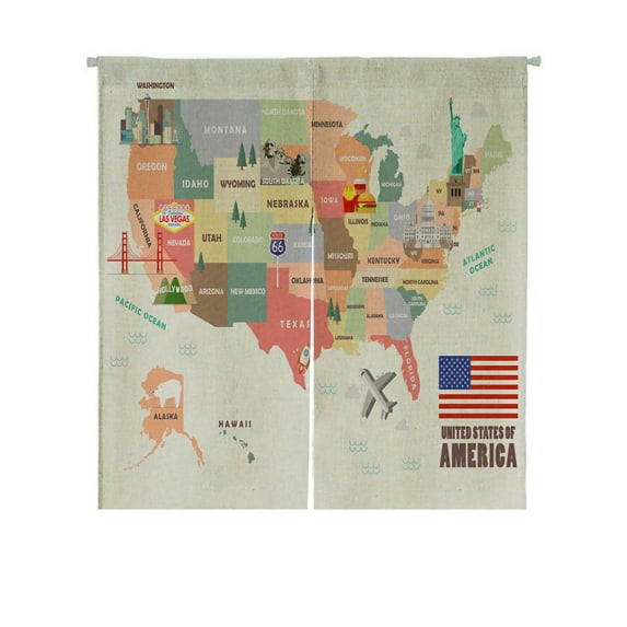 ABPHQTO Map Of The United States Of America With Famous Attractions Japanese Noren Curtain Doorway Door Window Treatment Curtains Cotton Linen Curtain 85x90 cm