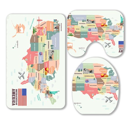ABPHQTO Map Of The United States Of America With Famous Attractions 3 Piece Bathroom Rugs Set Bath Rug Contour Mat and Toilet Lid Cover