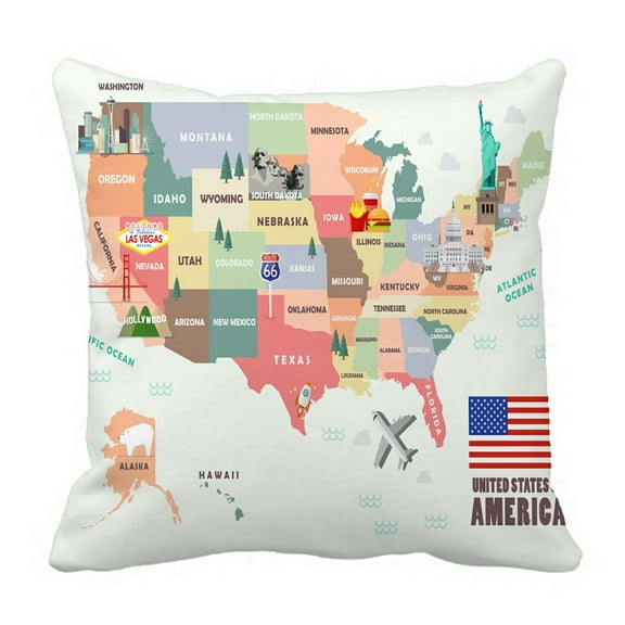 ABPHQTO Map Of The United States Of America With Famous Attractions Pillow Case Pillow Cover Pillow Protector Two Sides For Couch Bed 16x16 Inch