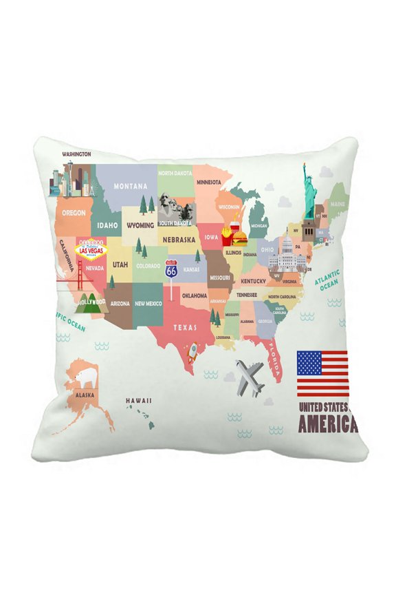 Map Of The United States Of America With Famous Attractions Pillow Case Pillow Cover Pillow Protector Two Sides For Couch Bed 20x20 Inch