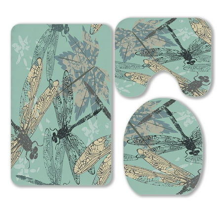 ABPHQTO Maple Leaf Dragonflies 3 Piece Bathroom Rugs Set Bath Rug Contour Mat and Toilet Lid Cover
