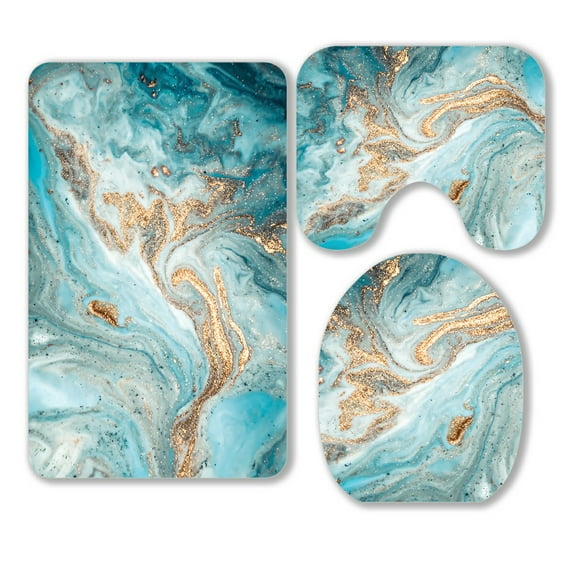 ABPHQTO Marble Texture Eastern Technique Ebru 3 Piece Bathroom Rugs Set Bath Rug Contour Mat and Toilet Lid Cover