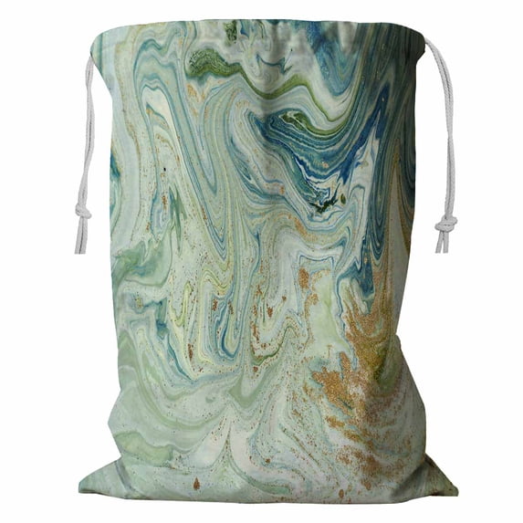 ABPHQTO Marbled Blue Green And Golden Liquid Marble Pattern Storage Basket Laundry Bag with Drawstring 24x32 Inch