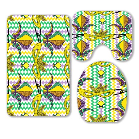 ABPHQTO Mardi Gras Colorful Carnival Mask Fleur De Lis 3 Piece Bathroom Rugs Set Bath Rug Contour Mat and Toilet Lid Cover