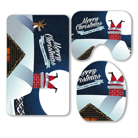 ABPHQTO Merry Christmas Reindeer Santa Claus Stuck Chimney 3 Piece Bathroom Rugs Set Bath Rug Contour Mat and Toilet Lid Cover