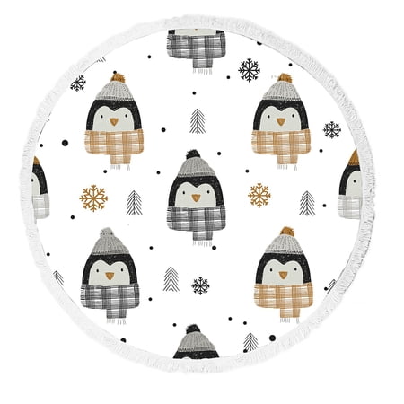 ABPHQTO Monochrome Cute Penguins Beach Towel Beach Blanket with Tassels Beach Throw Towel Yoga Mat Picnic Blanket