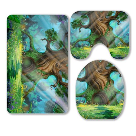 ABPHQTO Morning Forest Video Game'S Digital Cg Artwork 3 Piece Bathroom Rugs Set Bath Rug Contour Mat and Toilet Lid Cover