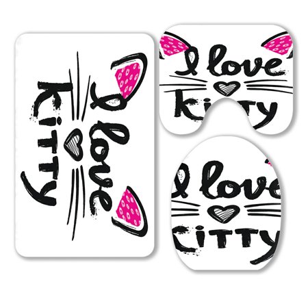 ABPHQTO Motivation Slogan I Love Kitty 3 Piece Bathroom Rugs Set Bath Rug Contour Mat and Toilet Lid Cover