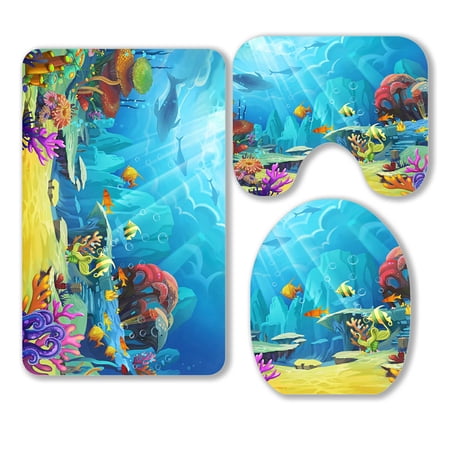 ABPHQTO Mountain Sea Fish Bird 3 Piece Bathroom Rugs Set Bath Rug Contour Mat and Toilet Lid Cover