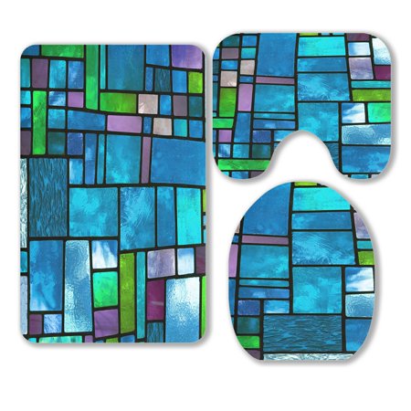 ABPHQTO Multicolored Stained Glass Window Irregular Block 3 Piece Bathroom Rugs Set Bath Rug Contour Mat and Toilet Lid Cover