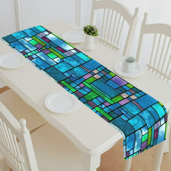 ABPHQTO Multicolored Stained Glass Window Irregular Block Table Runner Placemat Tablecloth For Home Decor 14x72 Inch