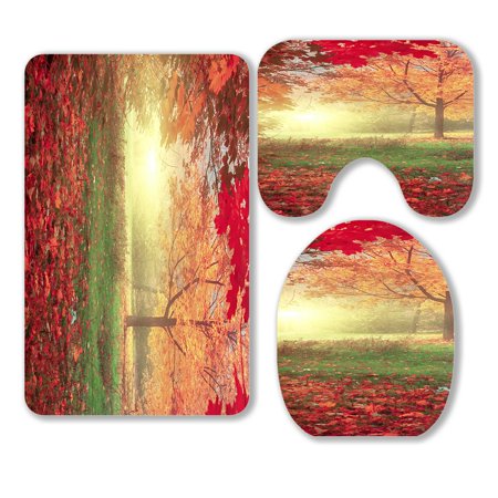 ABPHQTO Mystery Autumn Landscape Yellow Trees Falling Leaves Natural 3 Piece Bathroom Rugs Set Bath Rug Contour Mat and Toilet Lid Cover