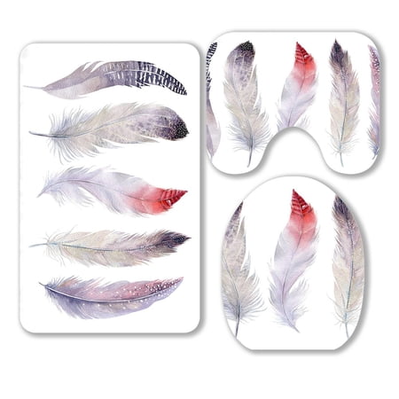 ABPHQTO N Watercolor Paintings Vibrant Feather Fly Bird 3 Piece Bathroom Rugs Set Bath Rug Contour Mat and Toilet Lid Cover