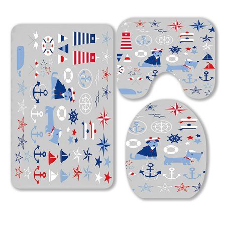 ABPHQTO Nautical Clip Art 3 Piece Bathroom Rugs Set Bath Rug Contour Mat and Toilet Lid Cover