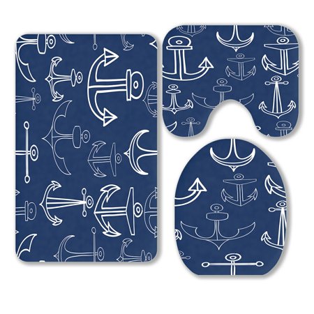 ABPHQTO Nautical Doodle Anchors 3 Piece Bathroom Rugs Set Bath Rug Contour Mat and Toilet Lid Cover