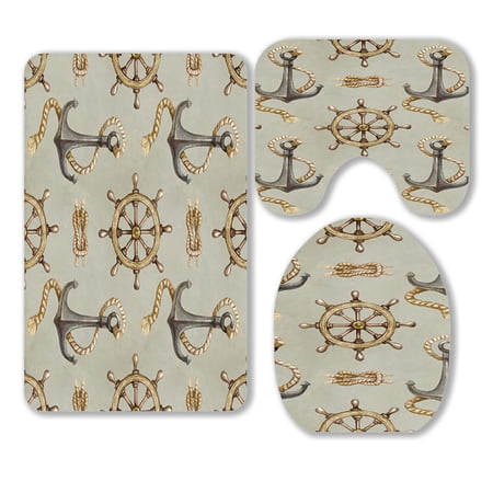 ABPHQTO Nautical Pattern 3 Piece Bathroom Rugs Set Bath Rug Contour Mat and Toilet Lid Cover