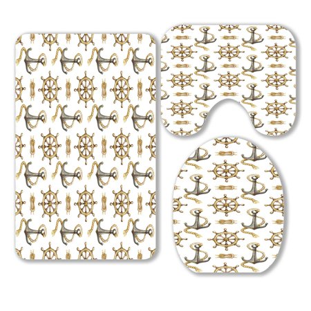 ABPHQTO Nautical Pattern 3 Piece Bathroom Rugs Set Bath Rug Contour Mat and Toilet Lid Cover